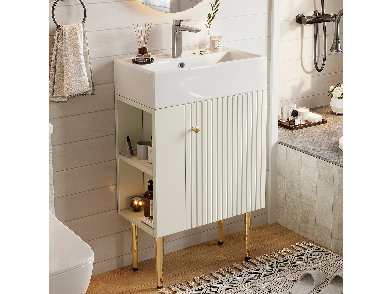 Meuble vasque moderne 55 x 31 x 91,5 cm avec rangement sous vasque, céramique + MDF blanc