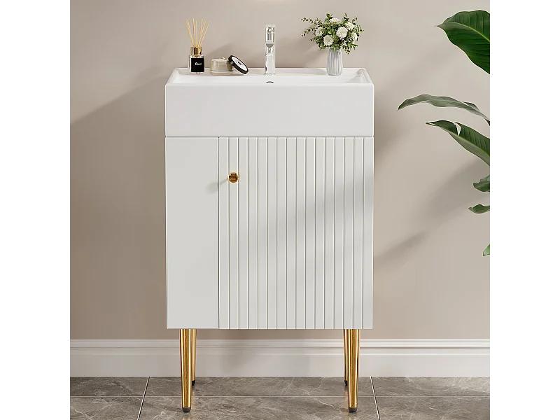 Meuble vasque moderne 55 x 31 x 91,5 cm avec rangement sous vasque, céramique + MDF blanc
