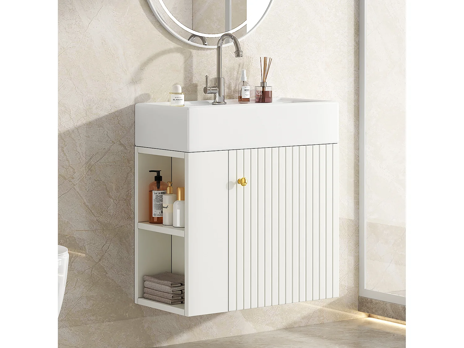 Meuble vasque suspendu 55x31x66,5 cm avec rangement sous vasque, céramique + Panneaux de particules blanc