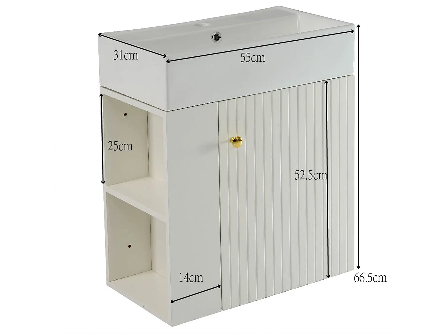 Meuble vasque suspendu 55x31x66,5 cm avec rangement sous vasque, céramique + Panneaux de particules blanc