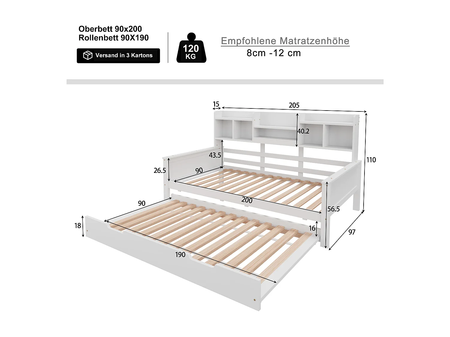 Lit gigogne 90x200/190 cm avec compartiment de rangement et sommier, finition bois blanc, sans matelas