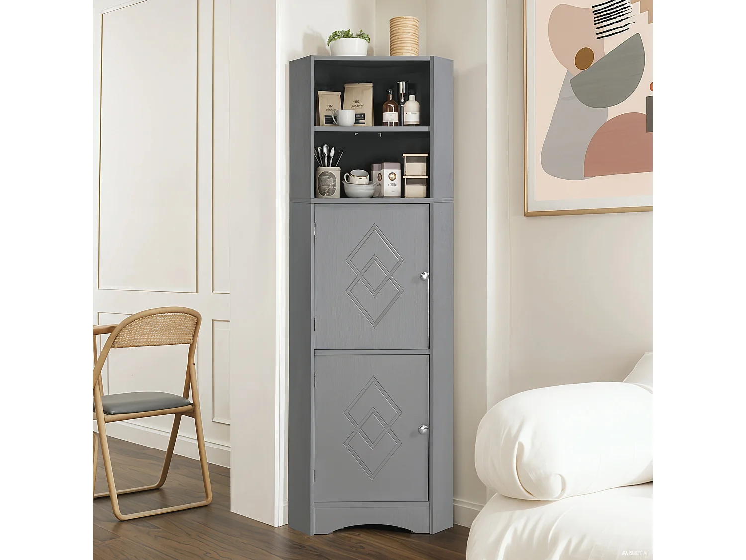 Colonne d'angle de salle de bain moderne 36,5x36,5x155 cm, étagères réglables, Panneaux de particules gris