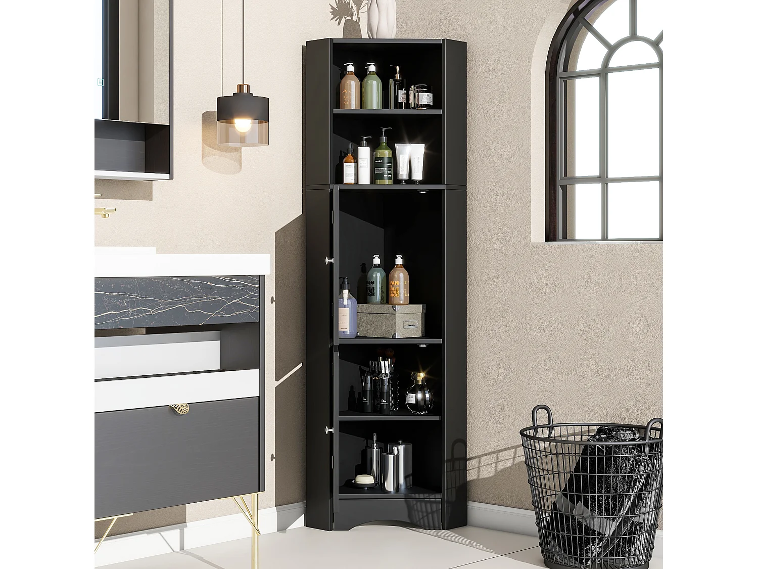 Colonne d'angle de salle de bain moderne 36,5x36,5x155 cm, étagères réglables, Panneaux de particules noir