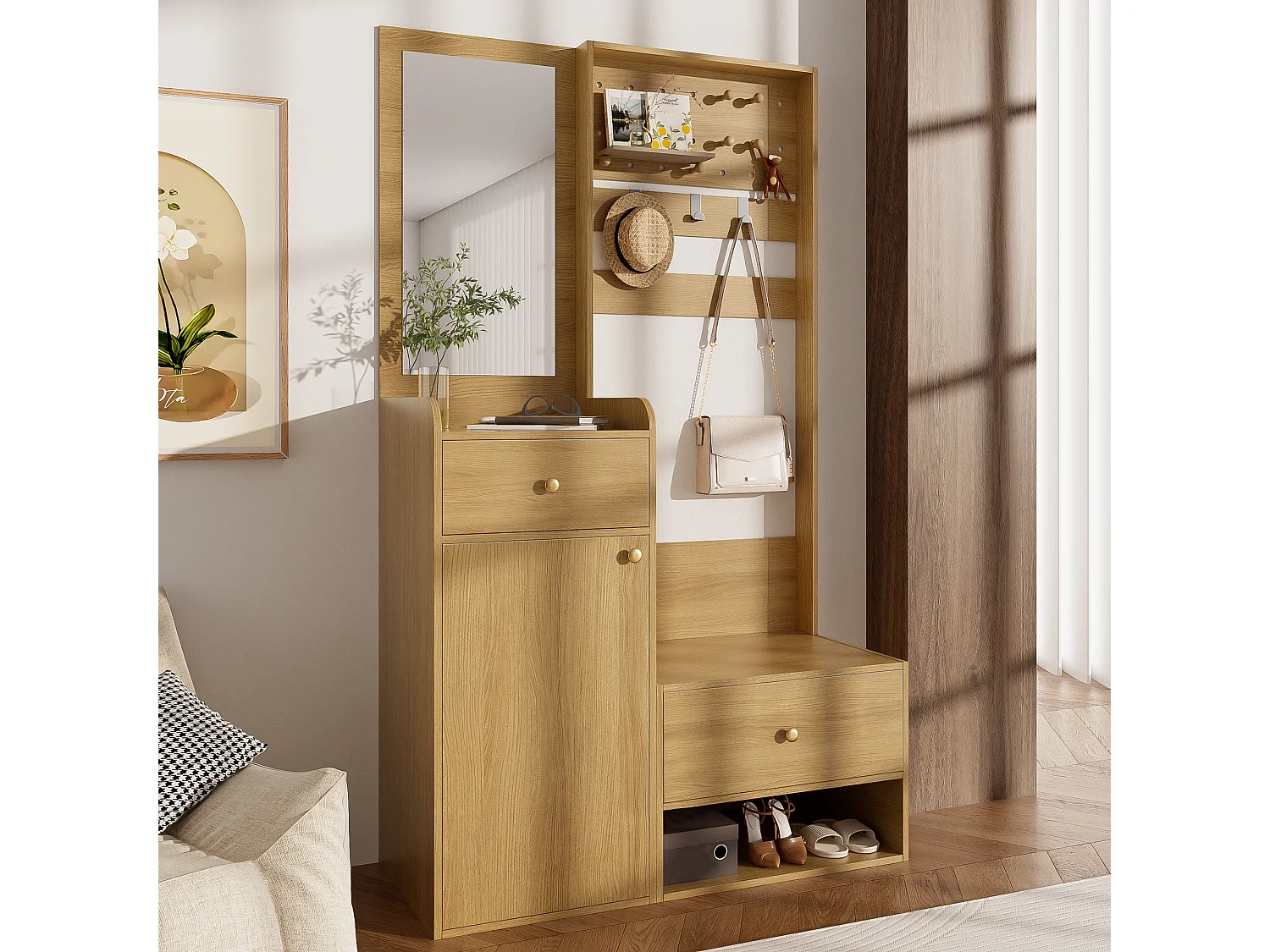 Halmeubel Garderobe – 105×38×180 cm – Met Spiegel – 2 Laden En 1 Gesloten Kast – Verstelbare Haken – Spaanplaat Houtkleurig