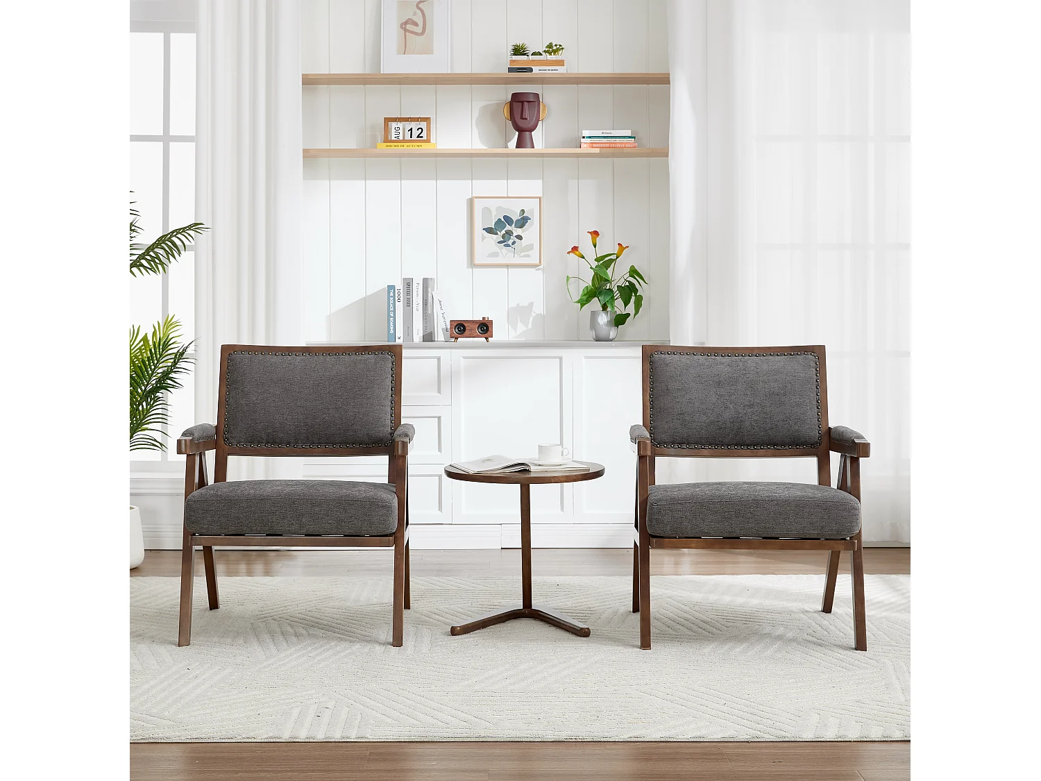 Loungestoel - 1-Zits Midden-Eeuws Fauteuil Met Armleuningen & Nieten - Massief Houten Frame, Verdikt Kussen - Linnen - Grijs