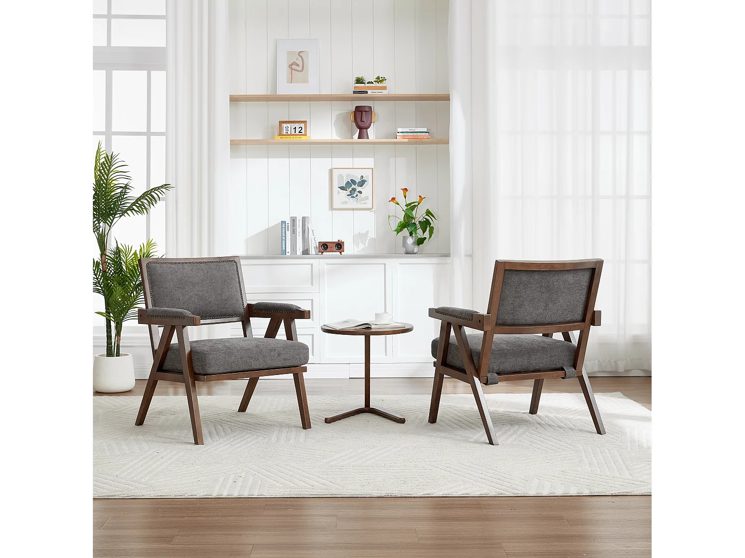 Loungestoel - 1-Zits Midden-Eeuws Fauteuil Met Armleuningen & Nieten - Massief Houten Frame, Verdikt Kussen - Linnen - Grijs