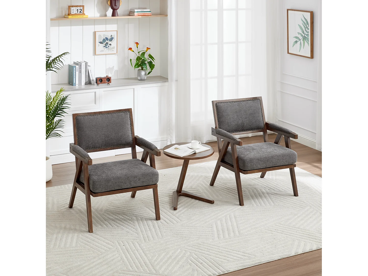 Loungestoel - 1-Zits Midden-Eeuws Fauteuil Met Armleuningen & Nieten - Massief Houten Frame, Verdikt Kussen - Linnen - Grijs