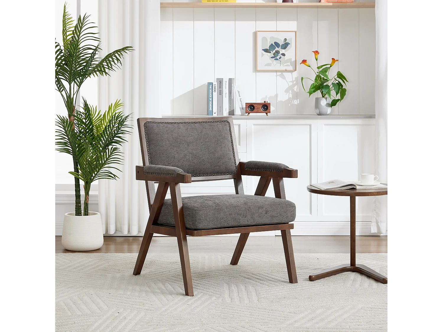 Loungestoel - 1-Zits Midden-Eeuws Fauteuil Met Armleuningen & Nieten - Massief Houten Frame, Verdikt Kussen - Linnen - Grijs