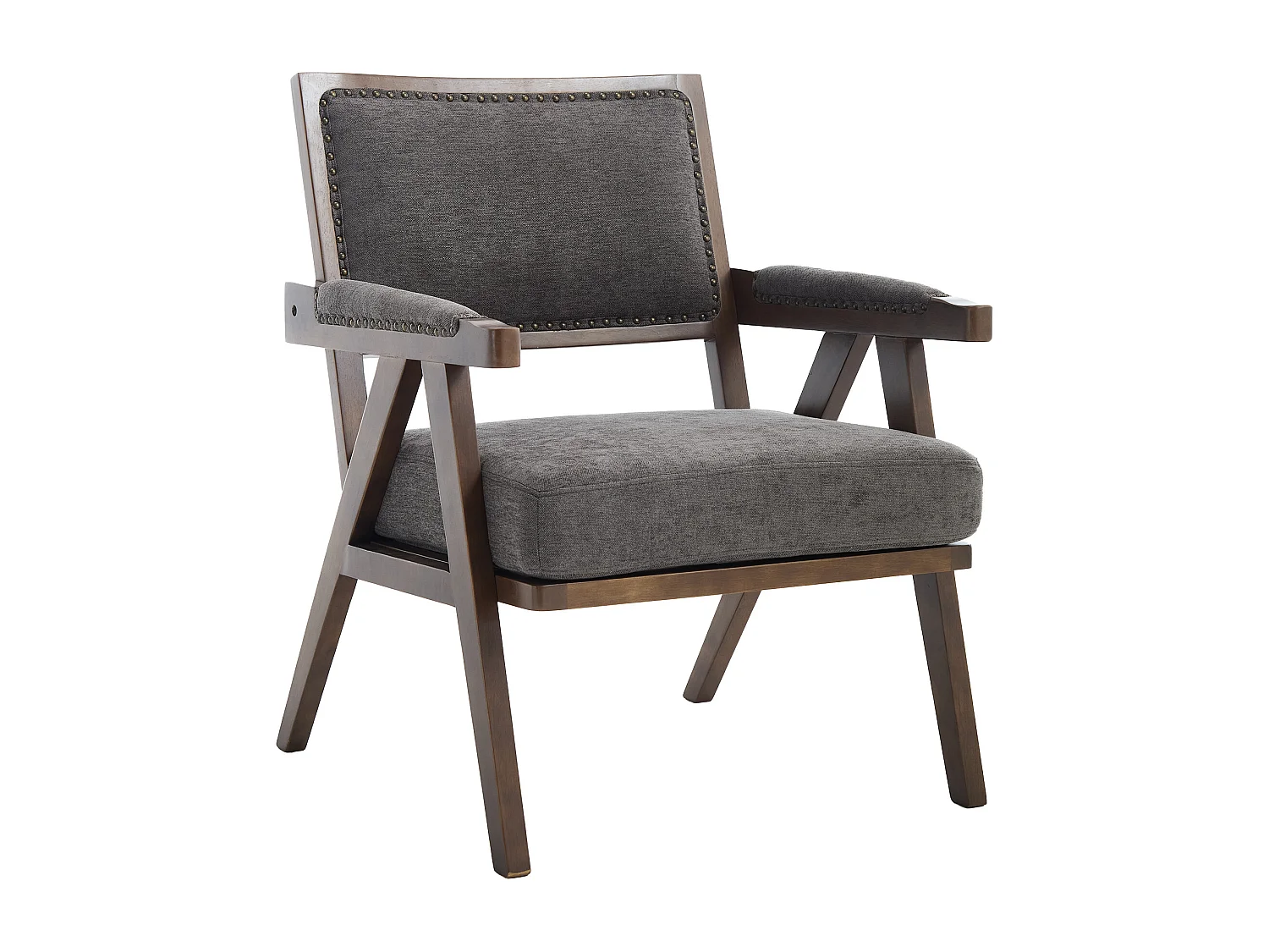 Loungestoel - 1-Zits Midden-Eeuws Fauteuil Met Armleuningen & Nieten - Massief Houten Frame, Verdikt Kussen - Linnen - Grijs