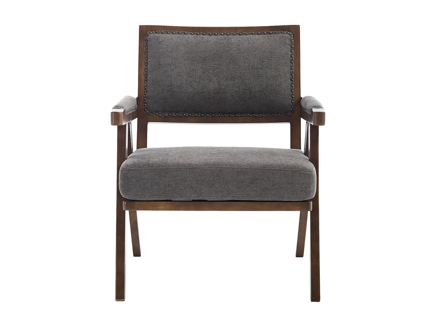 Loungestoel - 1-Zits Midden-Eeuws Fauteuil Met Armleuningen & Nieten - Massief Houten Frame, Verdikt Kussen - Linnen - Grijs