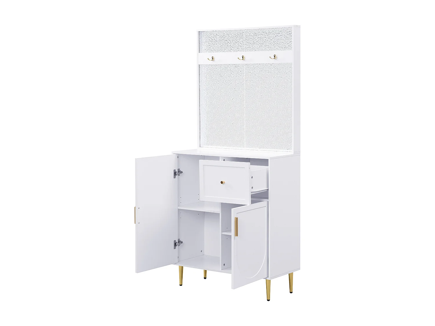 Garderobekast – Compacte Hal Organizer – 80×35×175,5 cm – Verstelbare Planken – Softclose Scharnieren – MDF Wit+Goud Met Haken