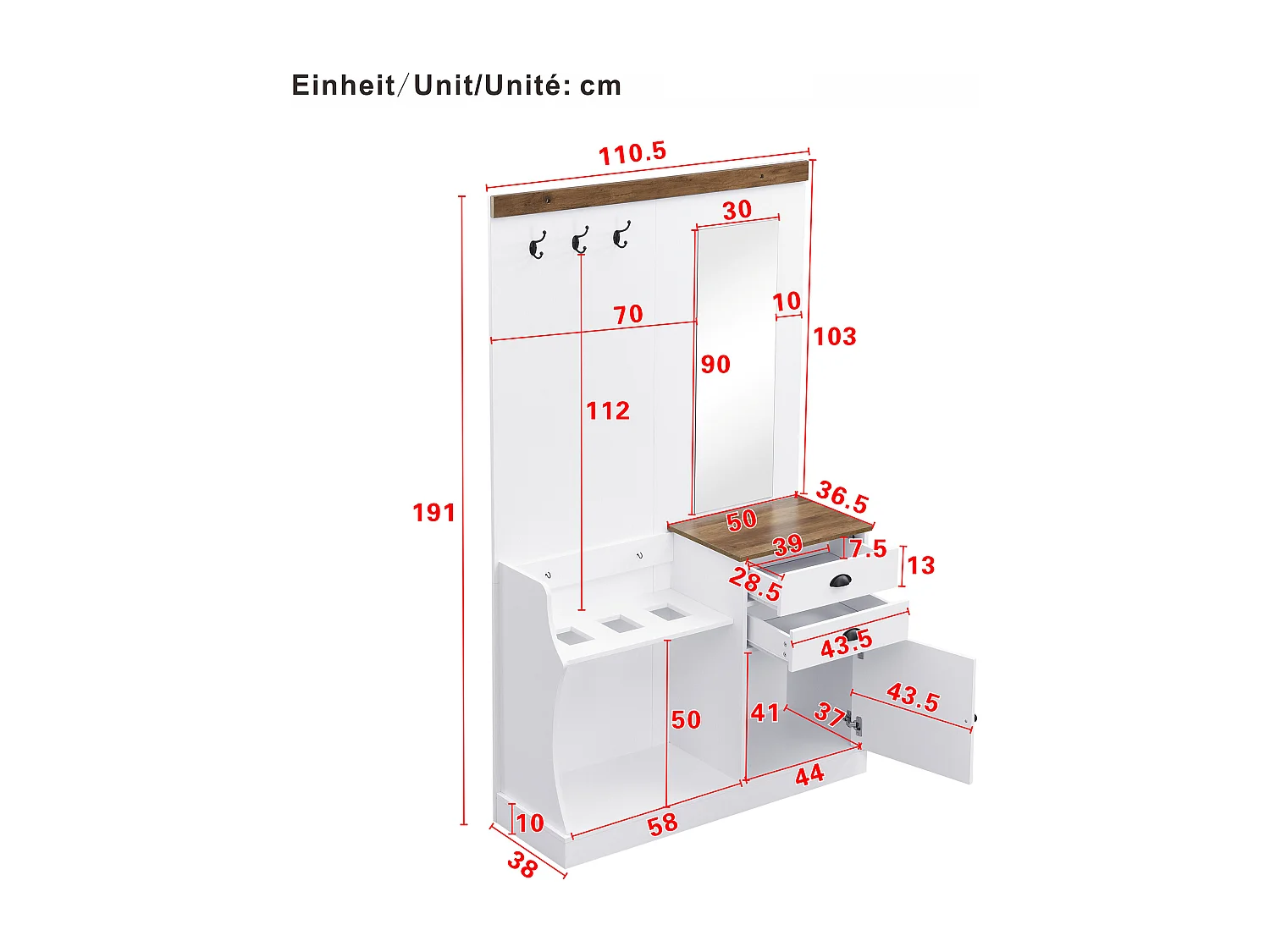 Garderobeset – Garderobe Met Spiegel En Haak – 2 Lades 1 Deur Parapluhouder En Sleutelhaken – 110,5×38×191 cm – Spaanplaat Wit+Bruin