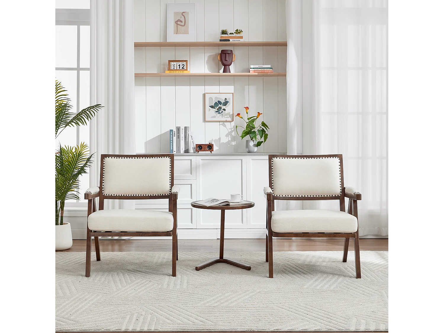 Zitfauteuil – 1-Zits Midden-Eeuws Loungestoel Met Armleuningen – Verdikt Kussen & Massief Houten Frame – Voor Woonkamer/Leeskamer – Linnen – Beige