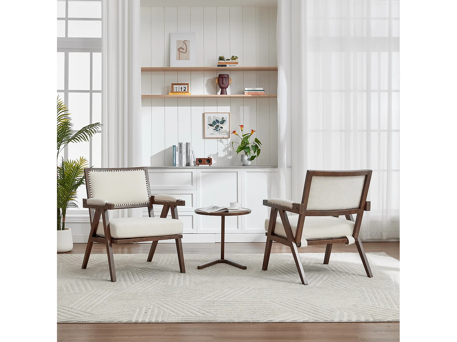 Zitfauteuil – 1-Zits Midden-Eeuws Loungestoel Met Armleuningen – Verdikt Kussen & Massief Houten Frame – Voor Woonkamer/Leeskamer – Linnen – Beige