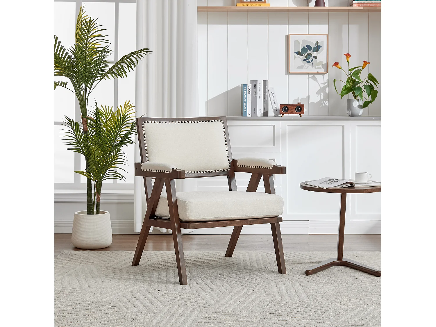 Zitfauteuil – 1-Zits Midden-Eeuws Loungestoel Met Armleuningen – Verdikt Kussen & Massief Houten Frame – Voor Woonkamer/Leeskamer – Linnen – Beige