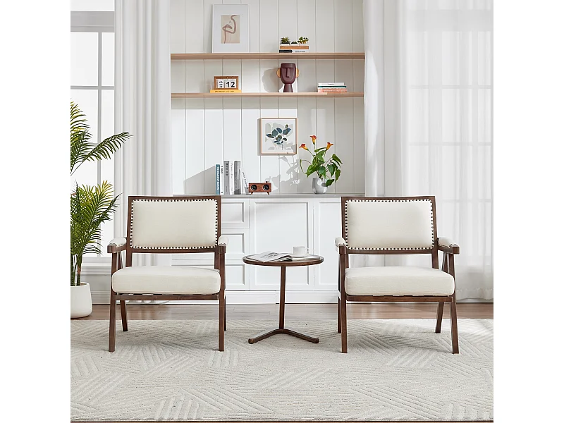 Fauteuil droit de style vintage, adapté à la décoration du salon/chambre/bureau, en bois + lin, Beige