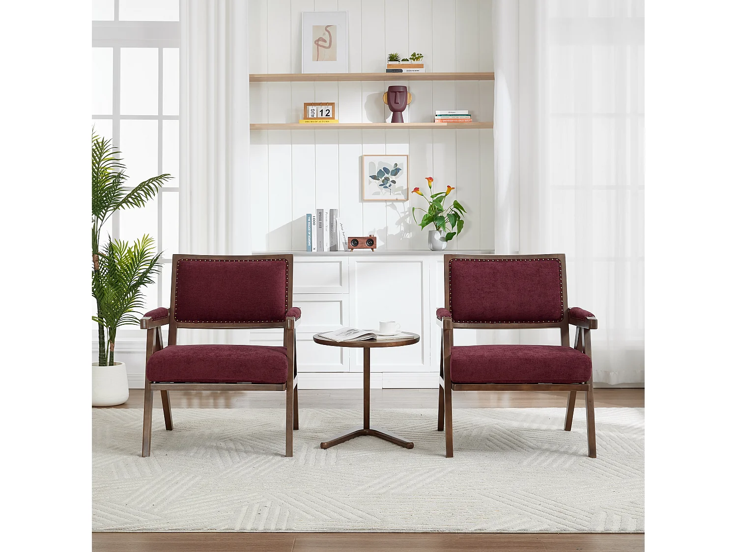 Loungestoel – 1-Zits Retro Fauteuil met Armleuning – Dik Kussen & Massief Houten Frame – Nietenaccent Voor Woonkamer/Kantoor – Linnen – Rozenrood