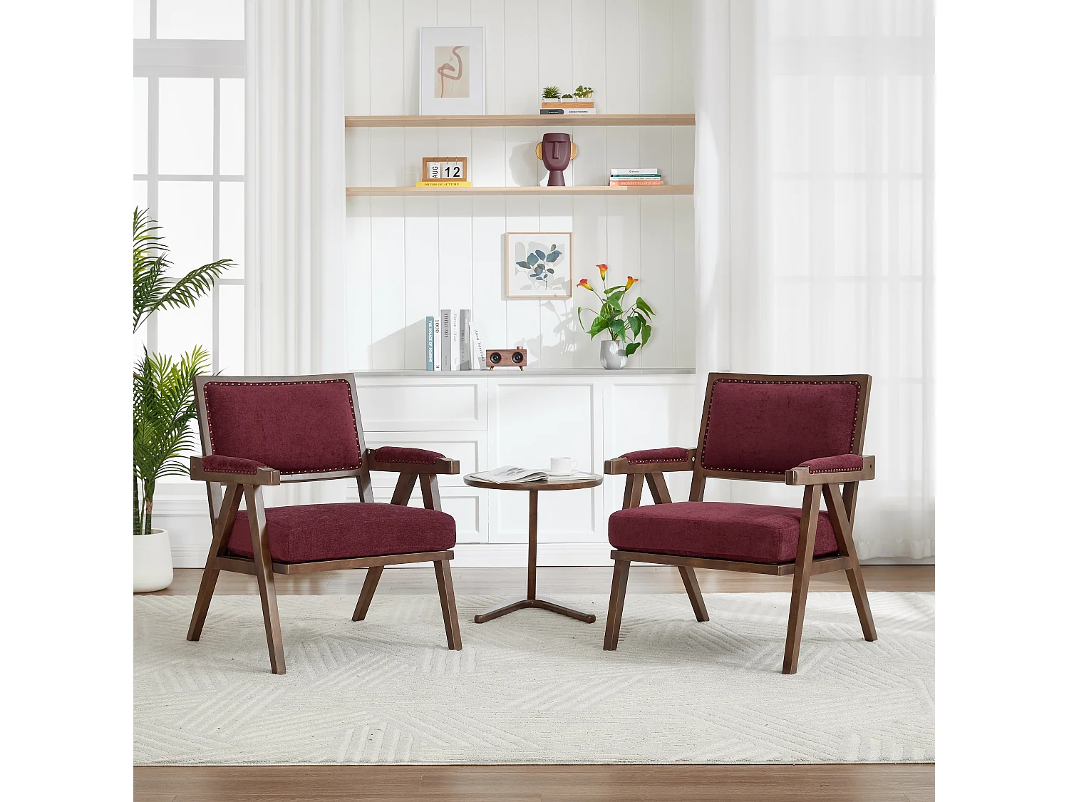 Loungestoel – 1-Zits Retro Fauteuil met Armleuning – Dik Kussen & Massief Houten Frame – Nietenaccent Voor Woonkamer/Kantoor – Linnen – Rozenrood