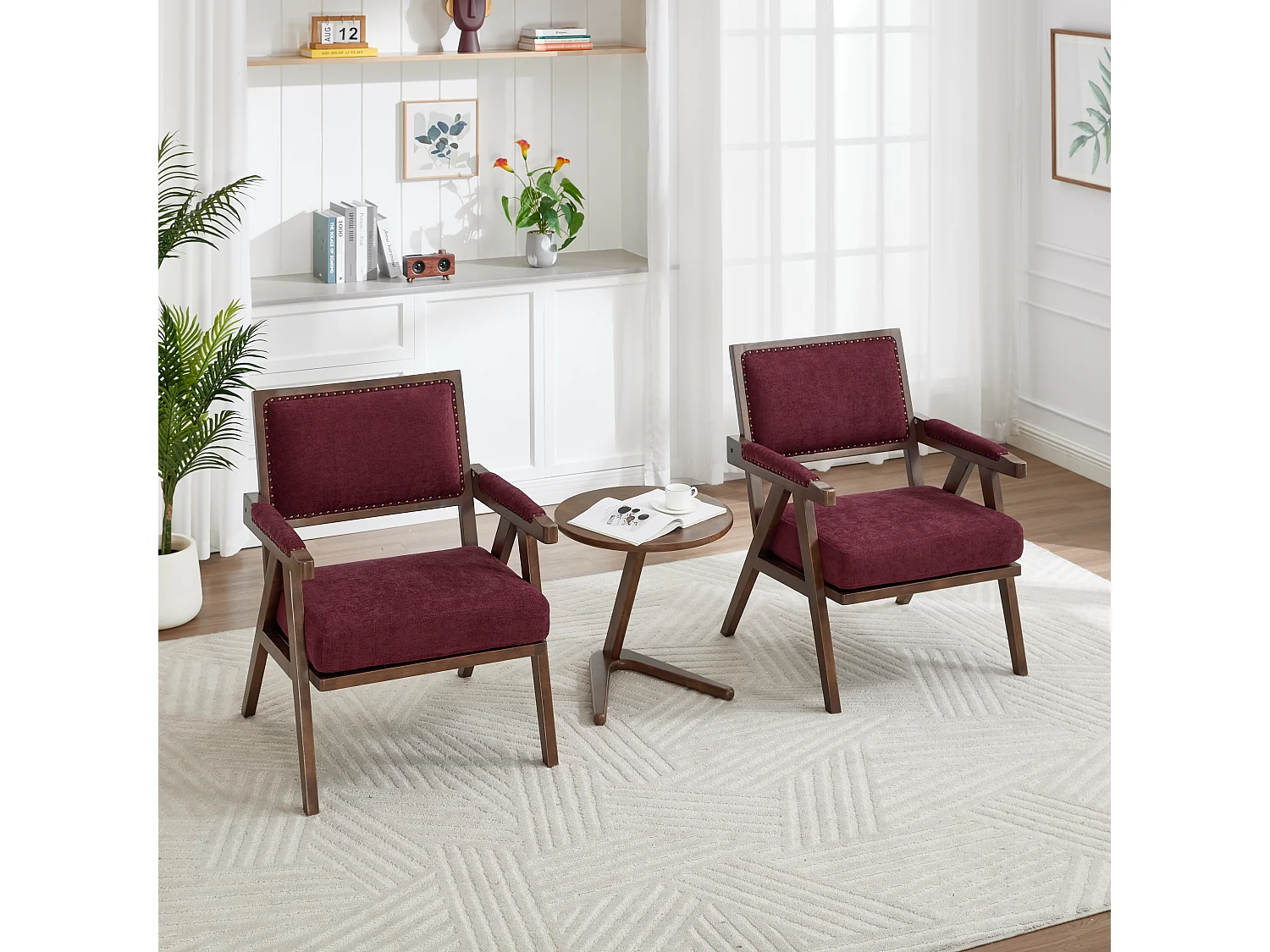 Loungestoel – 1-Zits Retro Fauteuil met Armleuning – Dik Kussen & Massief Houten Frame – Nietenaccent Voor Woonkamer/Kantoor – Linnen – Rozenrood