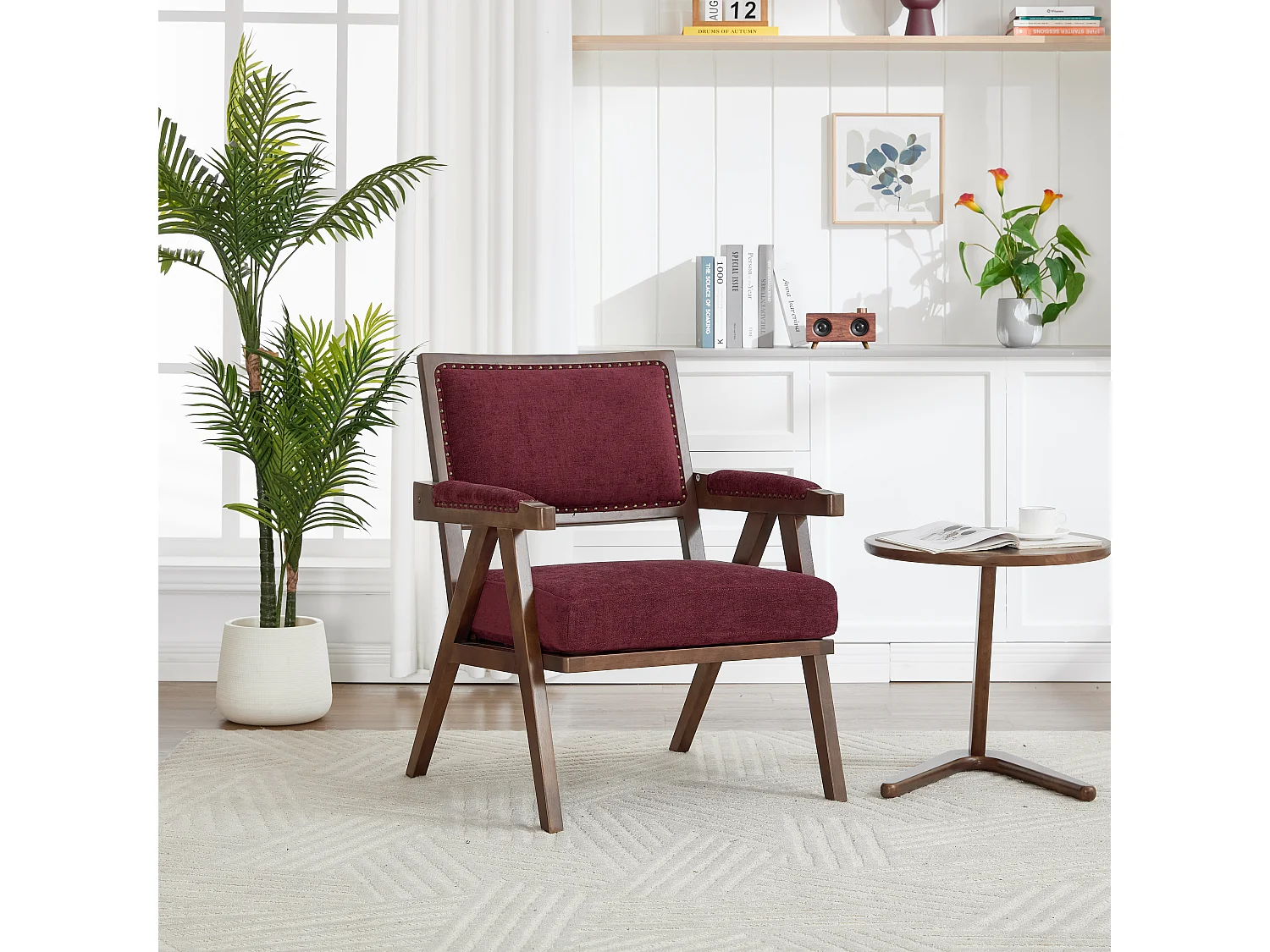 Loungestoel – 1-Zits Retro Fauteuil met Armleuning – Dik Kussen & Massief Houten Frame – Nietenaccent Voor Woonkamer/Kantoor – Linnen – Rozenrood