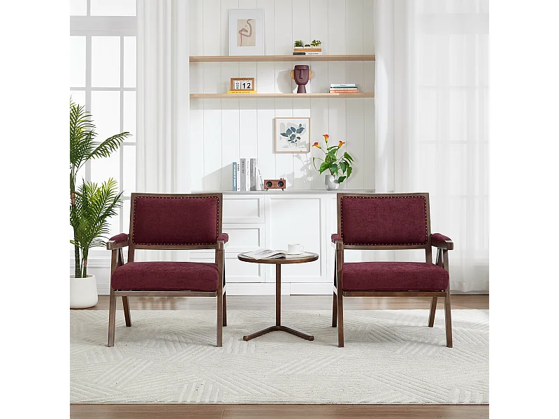 Loungestoel – 1-Zits Retro Fauteuil met Armleuning – Dik Kussen & Massief Houten Frame – Nietenaccent Voor Woonkamer/Kantoor – Linnen – Rozenrood