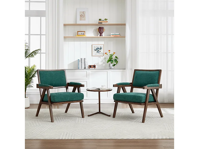 Fauteuil droit de style vintage, adapté à la décoration du salon/chambre/bureau, en bois + lin, vert