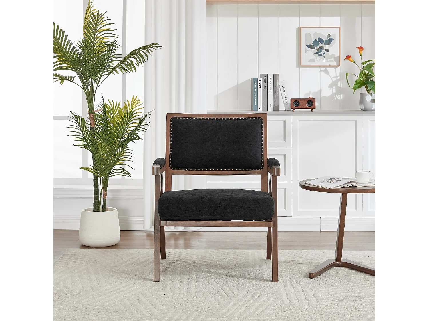 Fauteuil – 1-Zits Met Armleuningen – Dikke Kussens, Massief Houten Frame En Nieten – Ergonomisch Ontwerp Voor Woonkamer/Slaapkamer – Linnen – Zwart