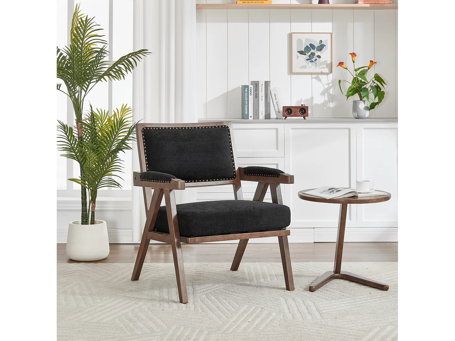 Fauteuil – 1-Zits Met Armleuningen – Dikke Kussens, Massief Houten Frame En Nieten – Ergonomisch Ontwerp Voor Woonkamer/Slaapkamer – Linnen – Zwart