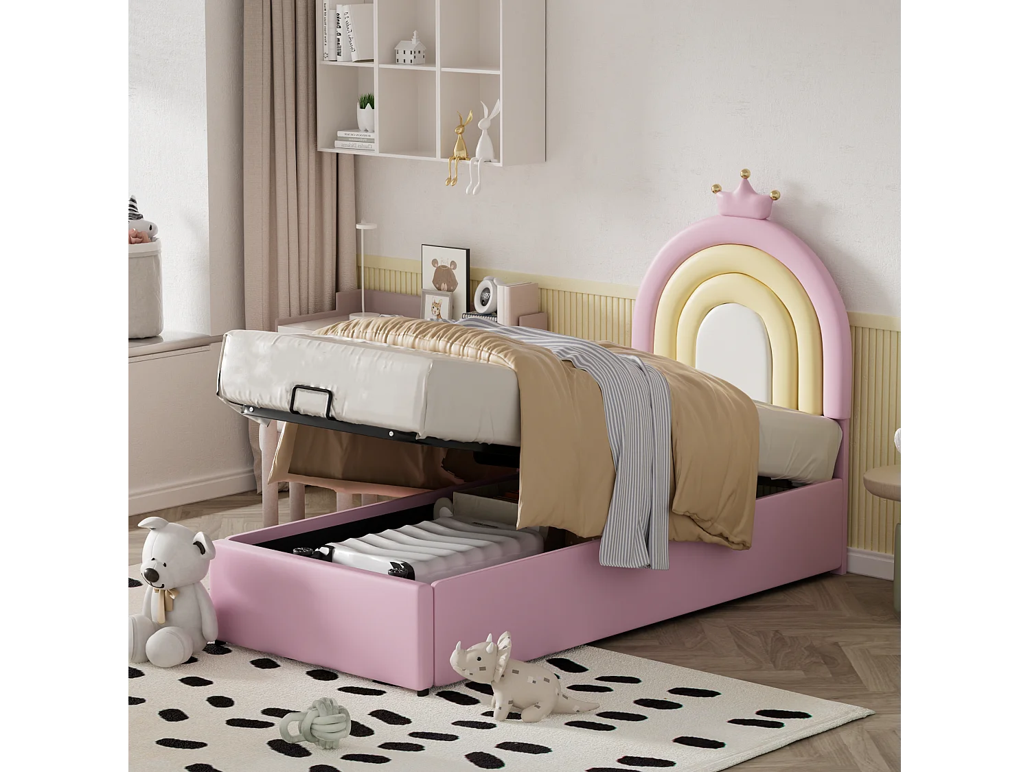 Lit enfant Lit coffre 90x200 cm, tête de lit en forme de couronne, sommier, PU rose, sans matelas