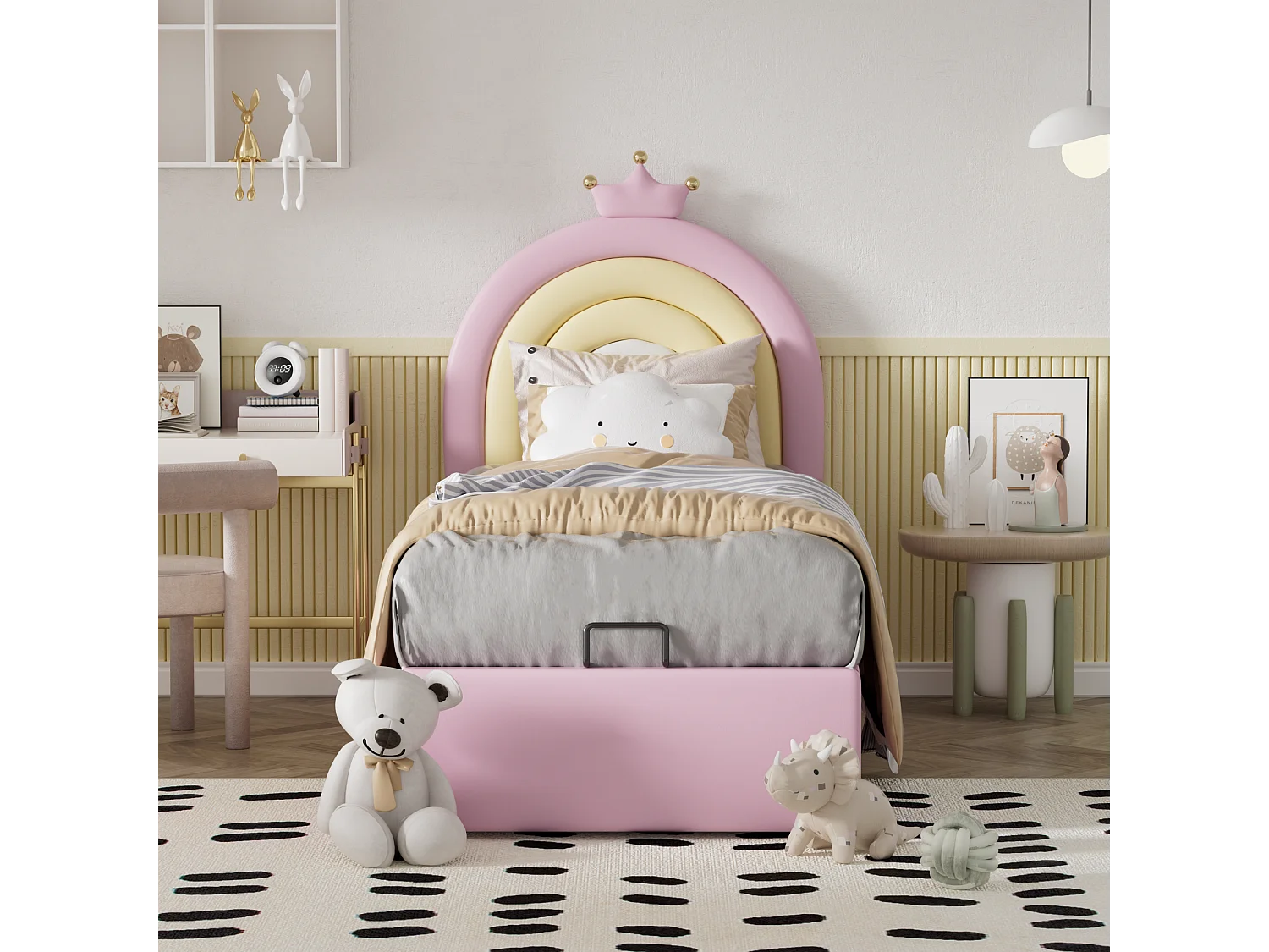 Lit enfant Lit coffre 90x200 cm, tête de lit en forme de couronne, sommier, PU rose, sans matelas