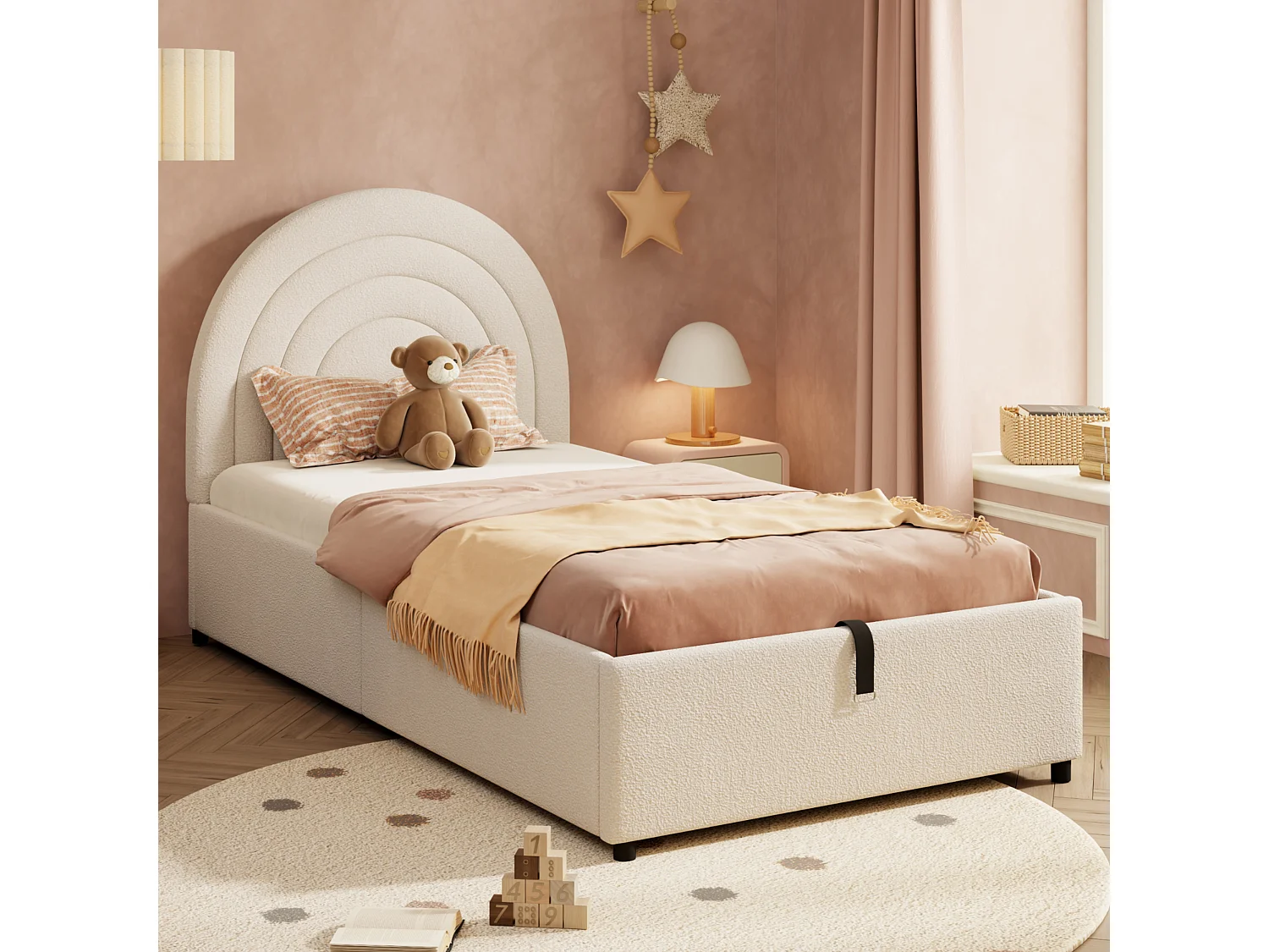 Lit coffre simple 90 x 200 cm, lit enfant avec tissu en fond, montage facile, bouclé beige, sans matelas