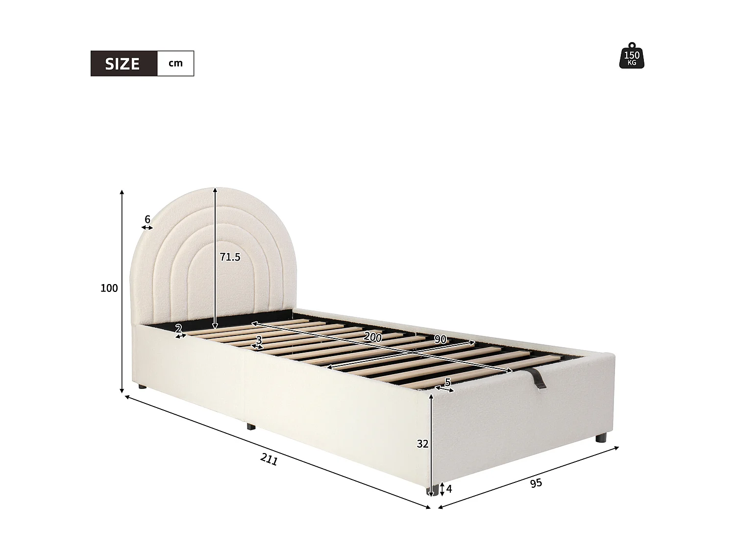 Lit coffre simple 90 x 200 cm, lit enfant avec tissu en fond, montage facile, bouclé beige, sans matelas