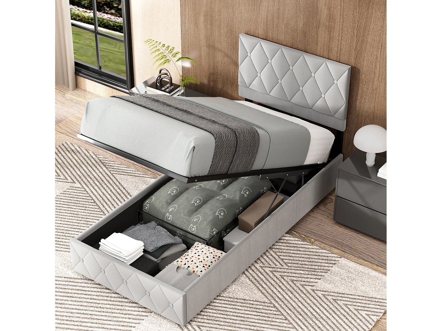Eenpersoons opbergbed, 90 x 190 cm, verstelbaar hoofdbord en lattenbodem, elegant en modern, grijs fluweel, matras niet inbegrepen