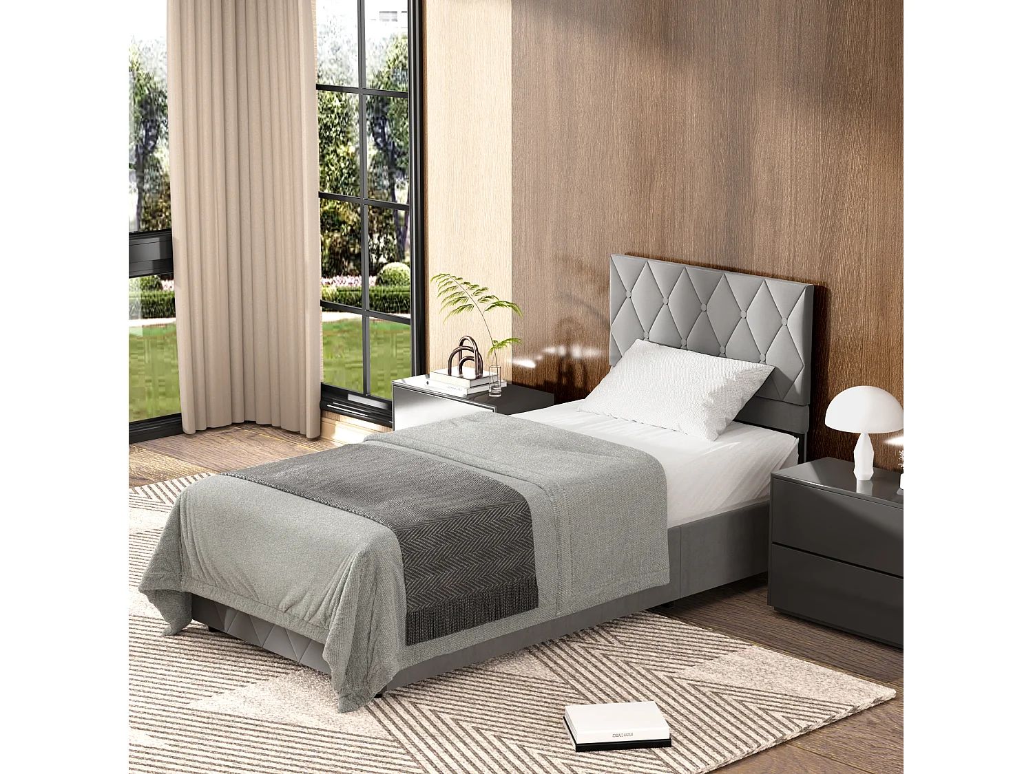 Eenpersoons opbergbed, 90 x 190 cm, verstelbaar hoofdbord en lattenbodem, elegant en modern, grijs fluweel, matras niet inbegrepen