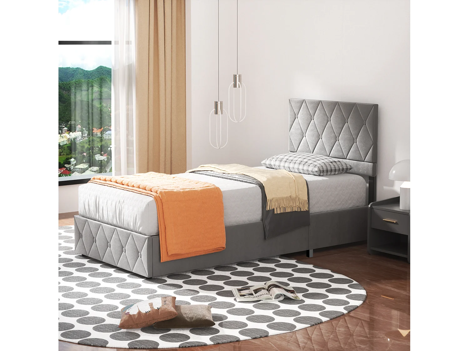 Eenpersoons opbergbed, 90 x 190 cm, verstelbaar hoofdbord en lattenbodem, elegant en modern, grijs fluweel, matras niet inbegrepen