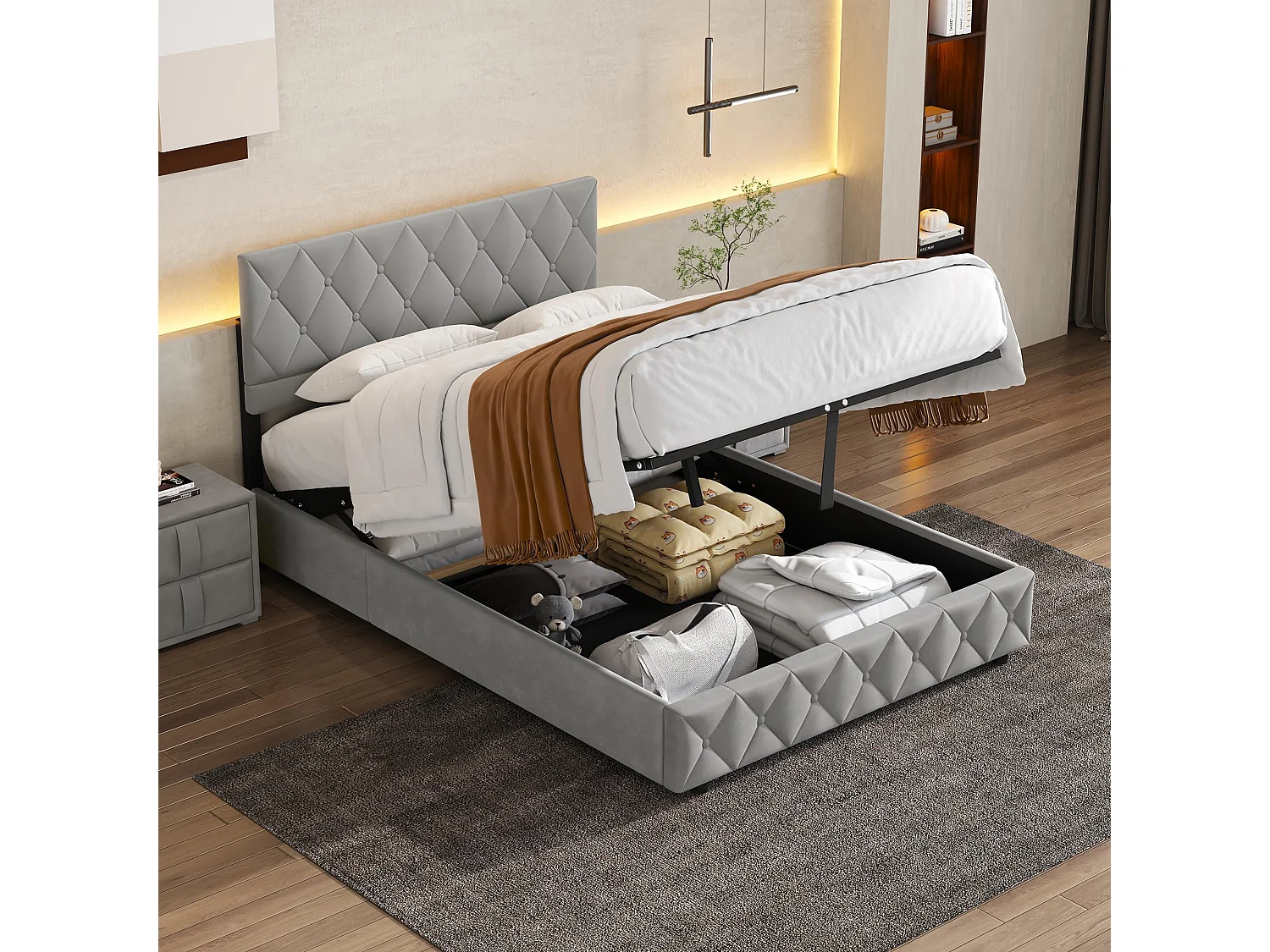 Opslagbed dubbel 140x200 cm, Opbergbed met Verstelbare Hoofdbord, Grijs Fluweel, Zonder Matras