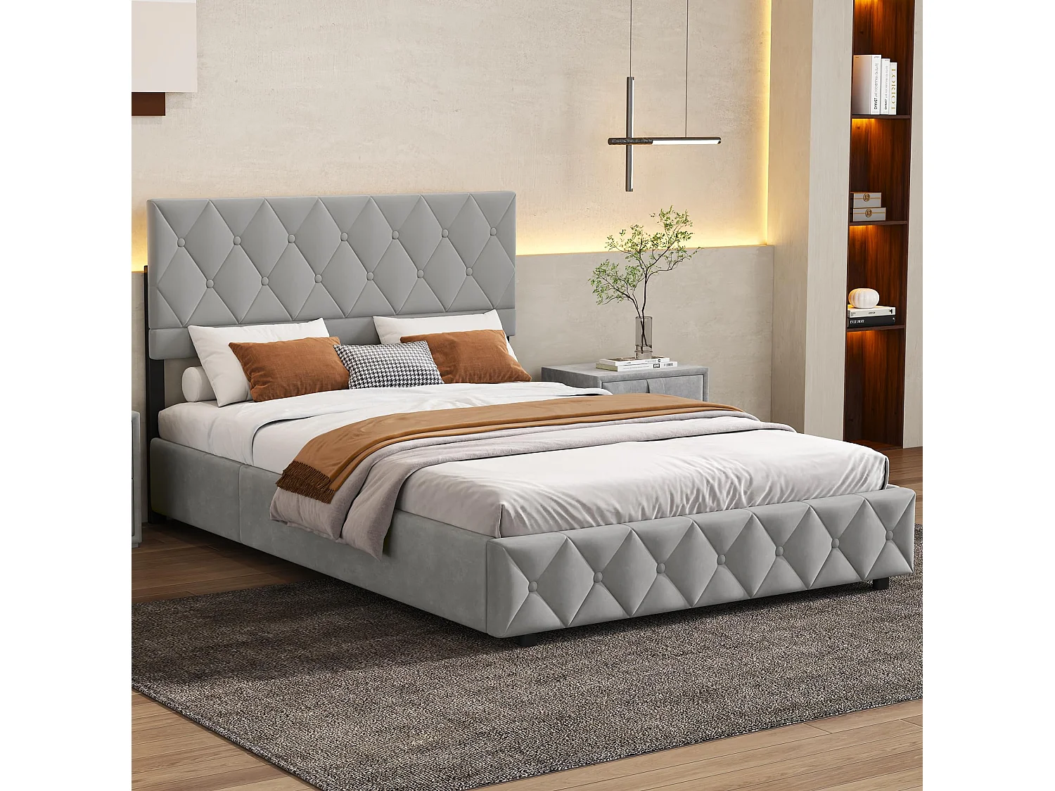 Opslagbed dubbel 140x200 cm, Opbergbed met Verstelbare Hoofdbord, Grijs Fluweel, Zonder Matras