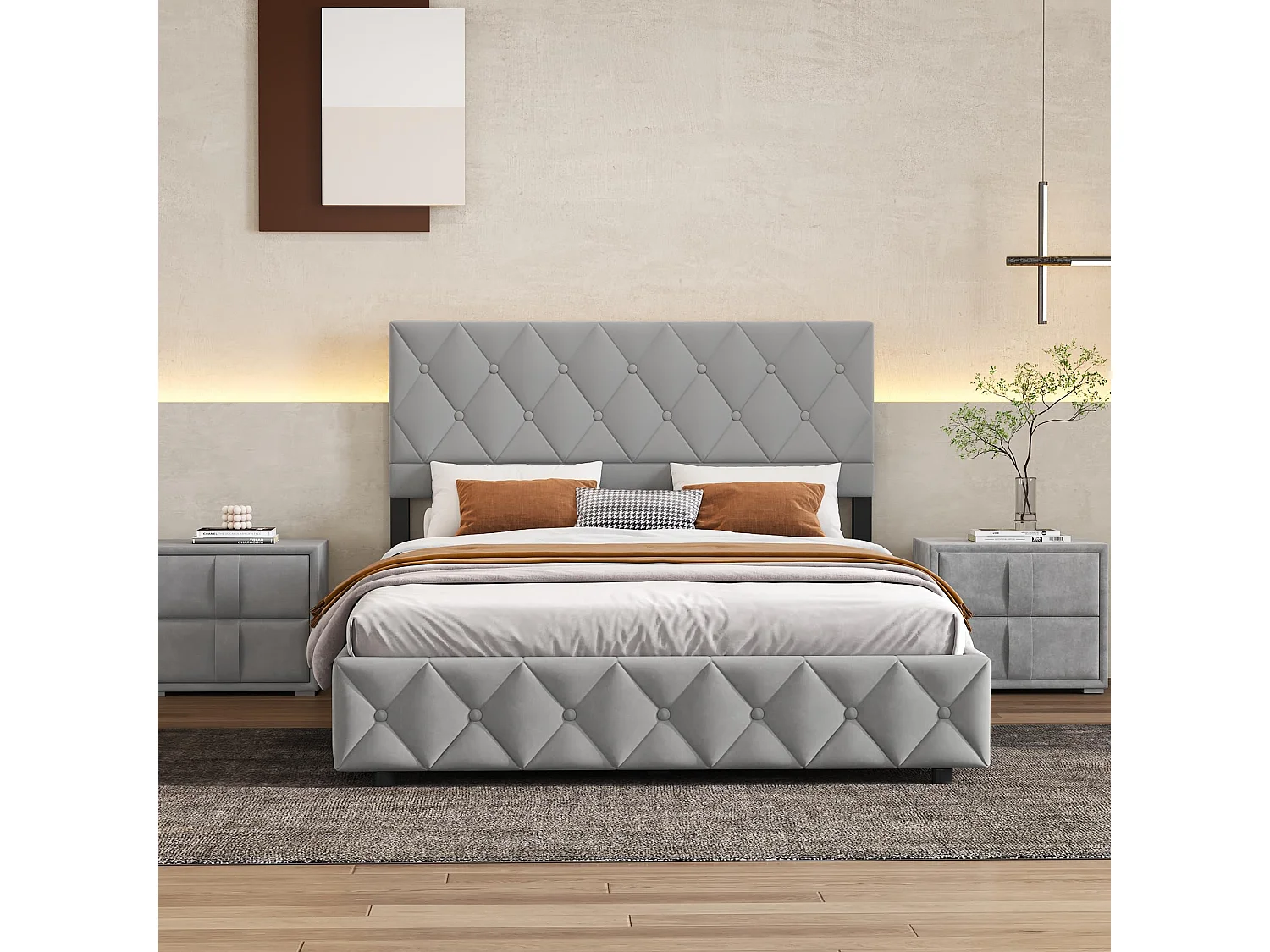 Opslagbed dubbel 140x200 cm, Opbergbed met Verstelbare Hoofdbord, Grijs Fluweel, Zonder Matras