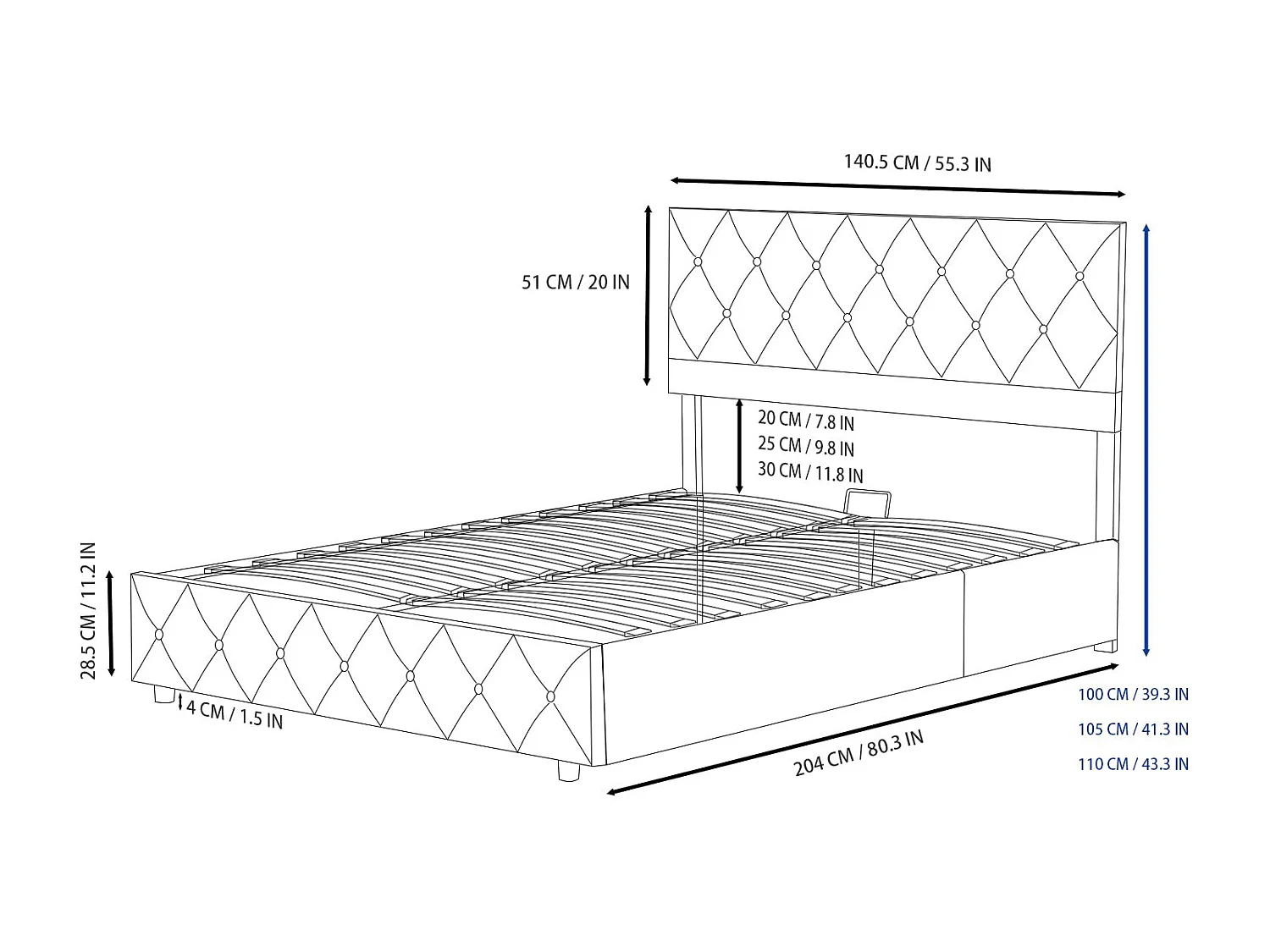 Opslagbed dubbel 140x200 cm, Opbergbed met Verstelbare Hoofdbord, Grijs Fluweel, Zonder Matras