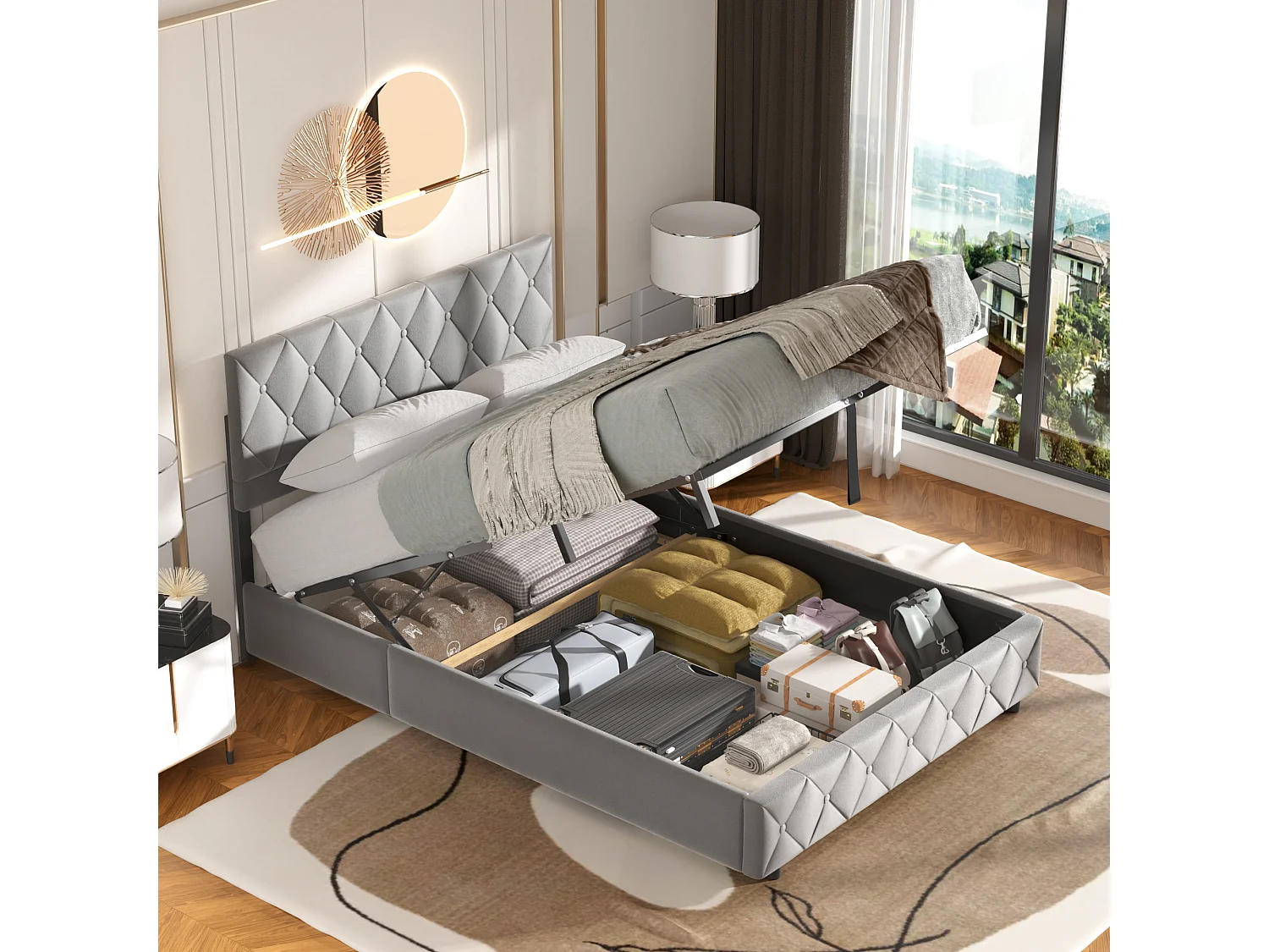 Opslagbed dubbel 140x200 cm, Opbergbed met Verstelbare Hoofdbord, Grijs Fluweel, Zonder Matras