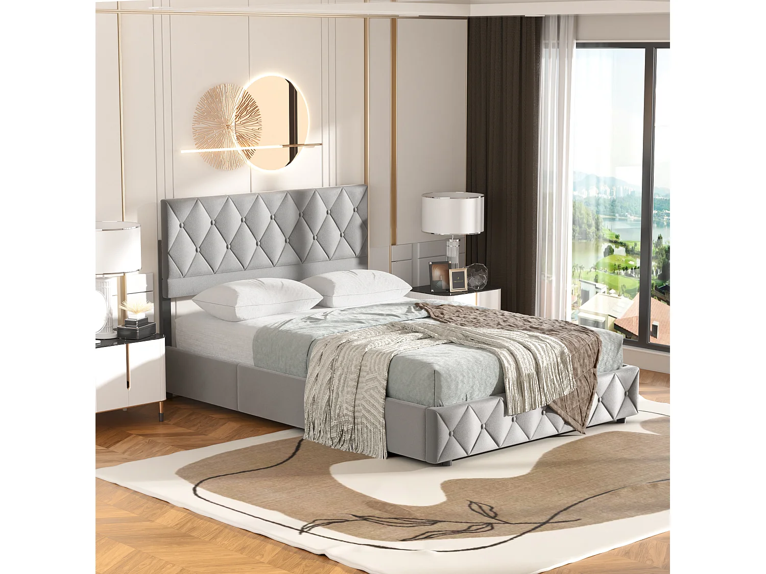 Opslagbed dubbel 140x200 cm, Opbergbed met Verstelbare Hoofdbord, Grijs Fluweel, Zonder Matras