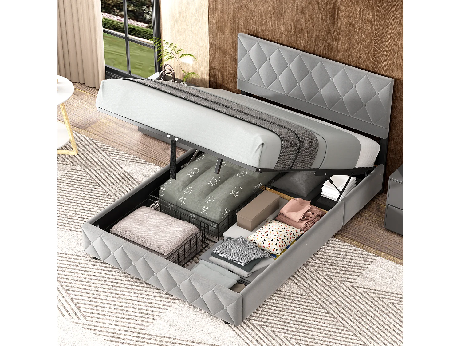 Opslagbed dubbel 140x200 cm, Opbergbed met Verstelbare Hoofdbord, Grijs Fluweel, Zonder Matras