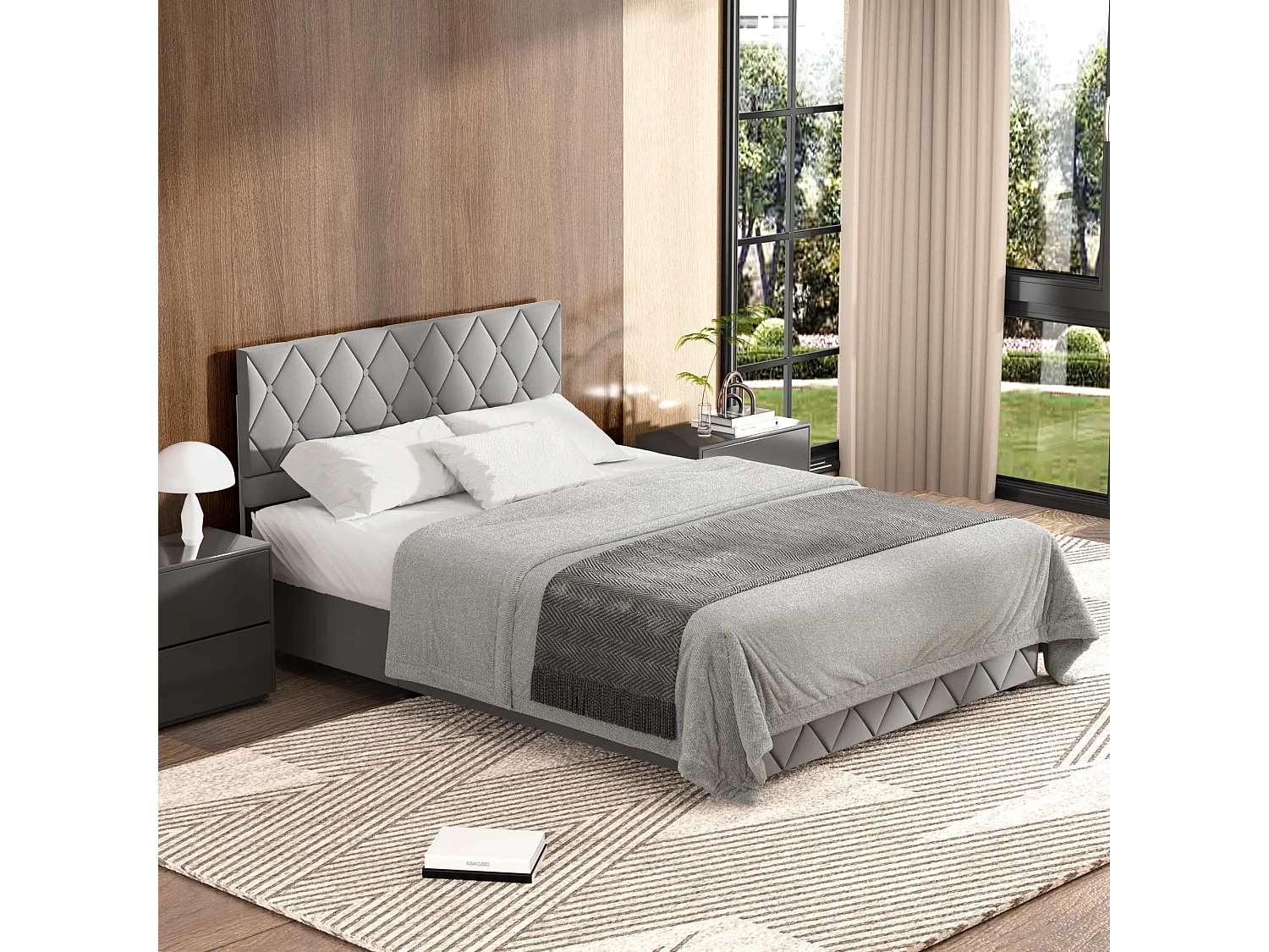 Opslagbed dubbel 140x200 cm, Opbergbed met Verstelbare Hoofdbord, Grijs Fluweel, Zonder Matras