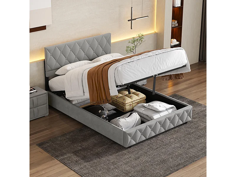 Opslagbed dubbel 140x200 cm, Opbergbed met Verstelbare Hoofdbord, Grijs Fluweel, Zonder Matras