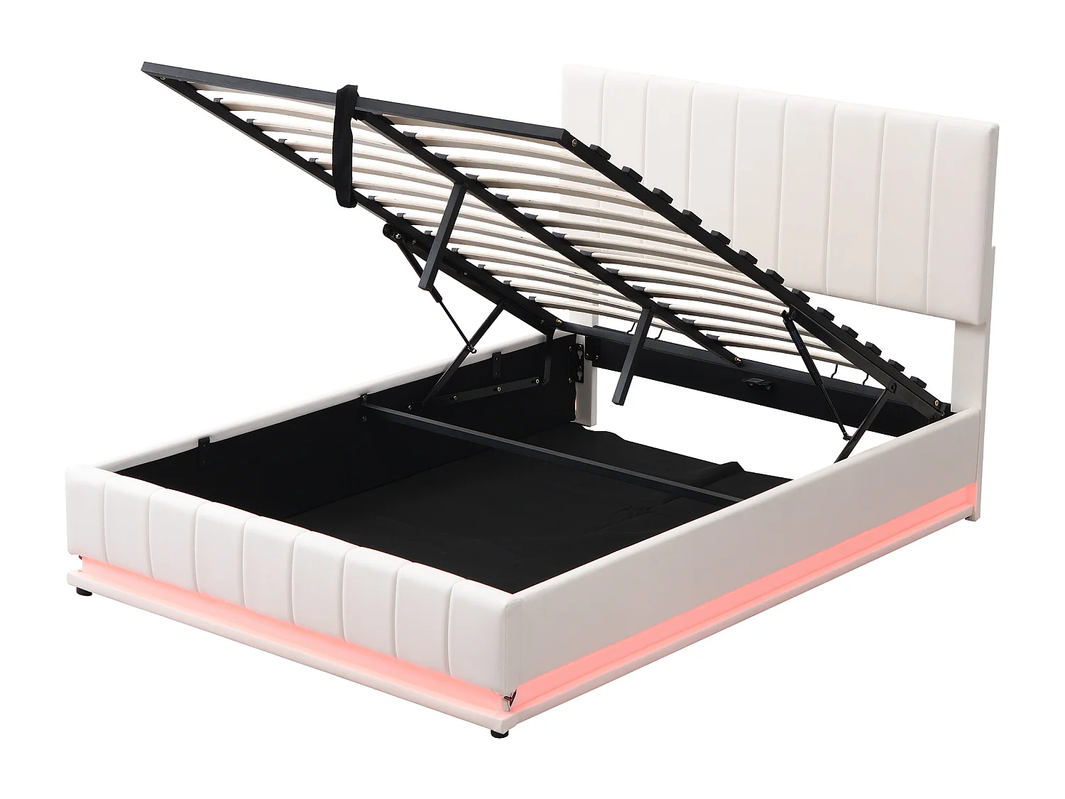 Gestoffeerd Bed 140x200 cm – Bed Met Ledverlichting En Afstandsbediening – Hydraulische Opbergruimte – Verstelbaar Hoofdbord – Zonder matras – Wit