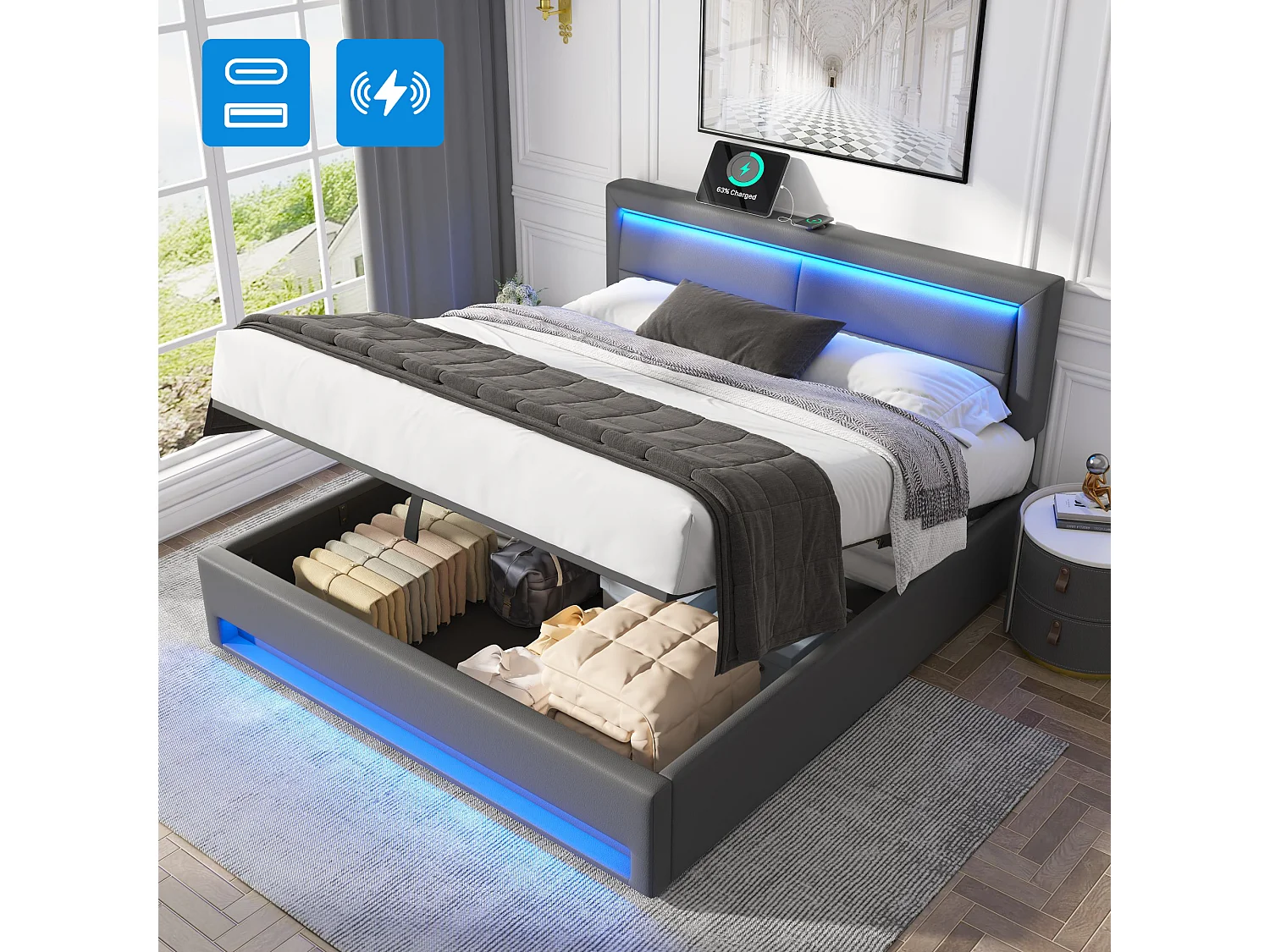 Lit coffre 160 x 200 cm, port USB, chargement sans fil et filaire, LED et rangement, PU gris, sans matelas