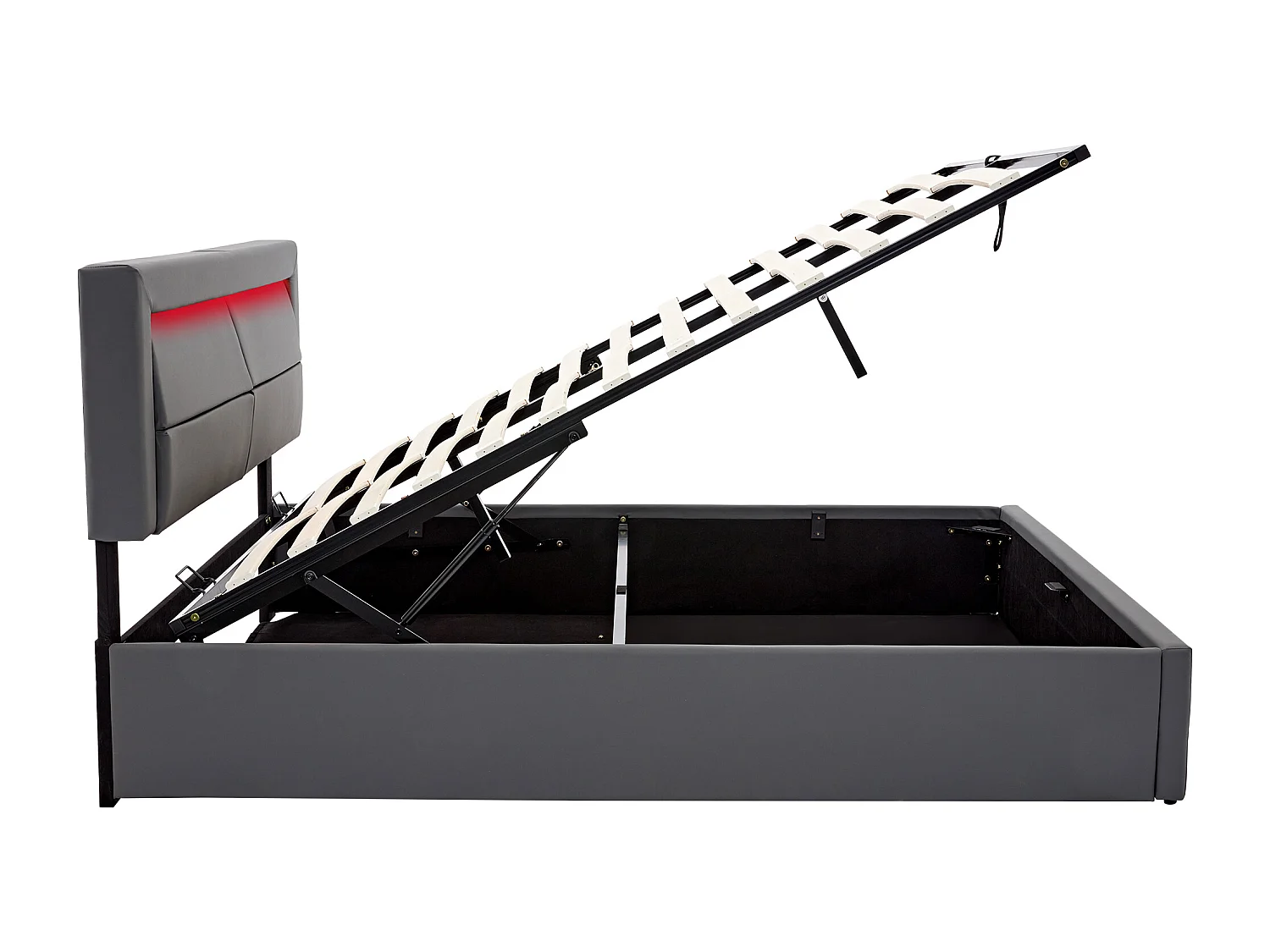 Lit coffre 160 x 200 cm, port USB, chargement sans fil et filaire, LED et rangement, PU gris, sans matelas