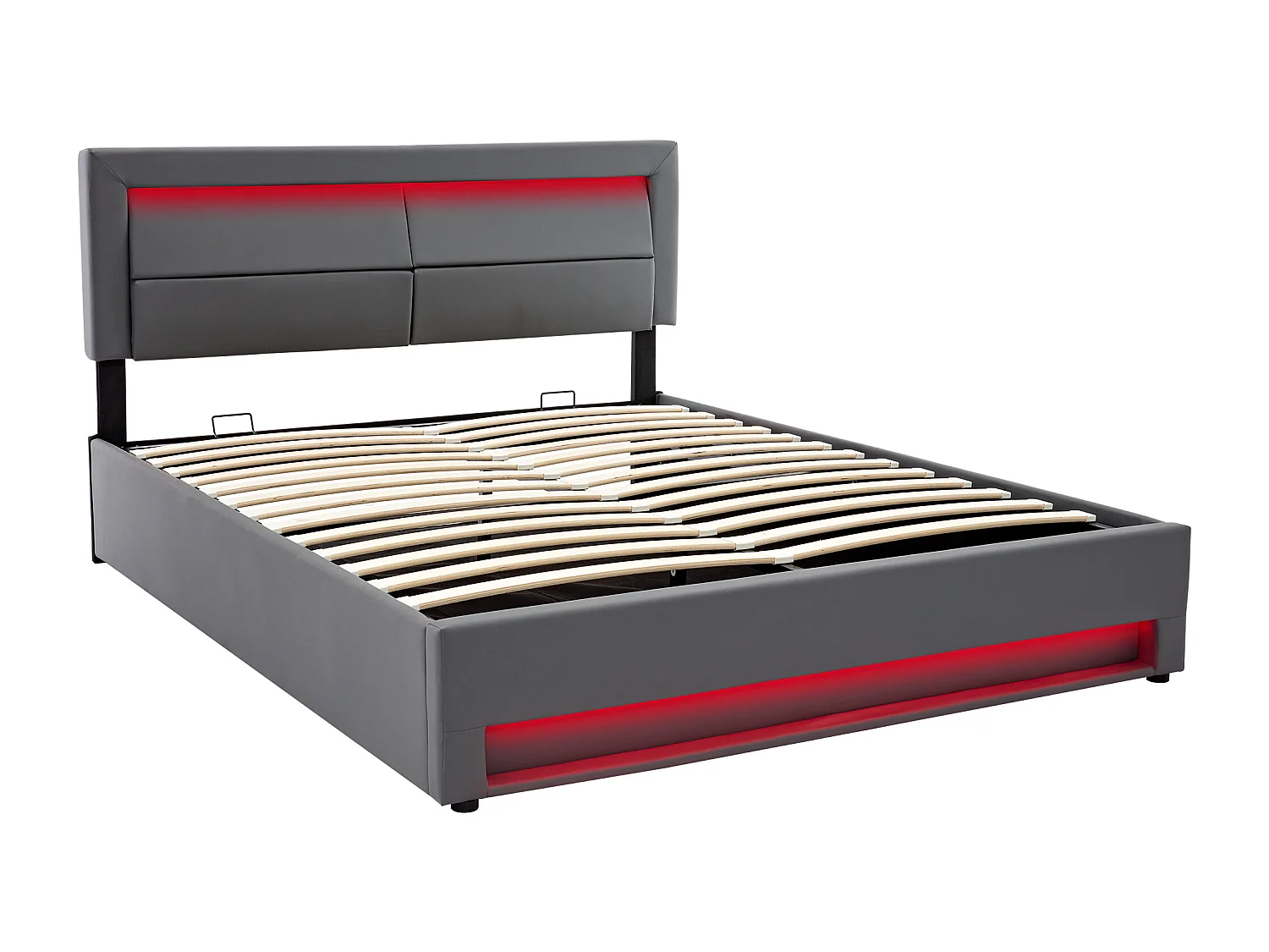 Lit coffre 160 x 200 cm, port USB, chargement sans fil et filaire, LED et rangement, PU gris, sans matelas