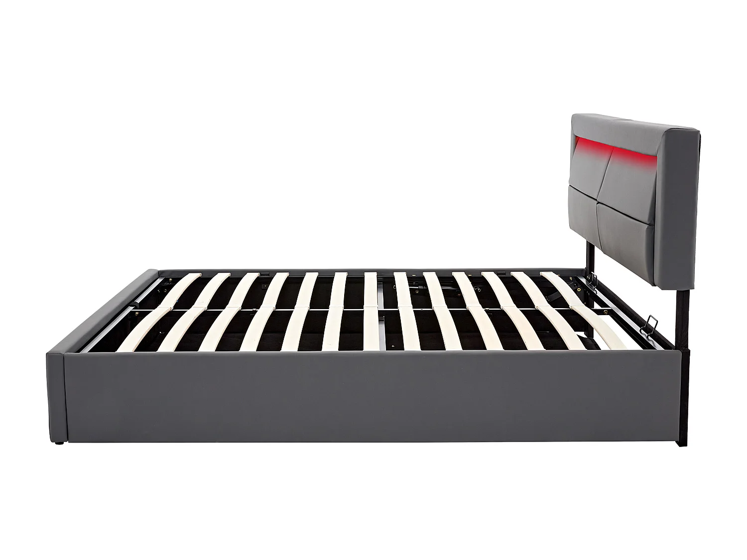 Lit coffre 160 x 200 cm, port USB, chargement sans fil et filaire, LED et rangement, PU gris, sans matelas