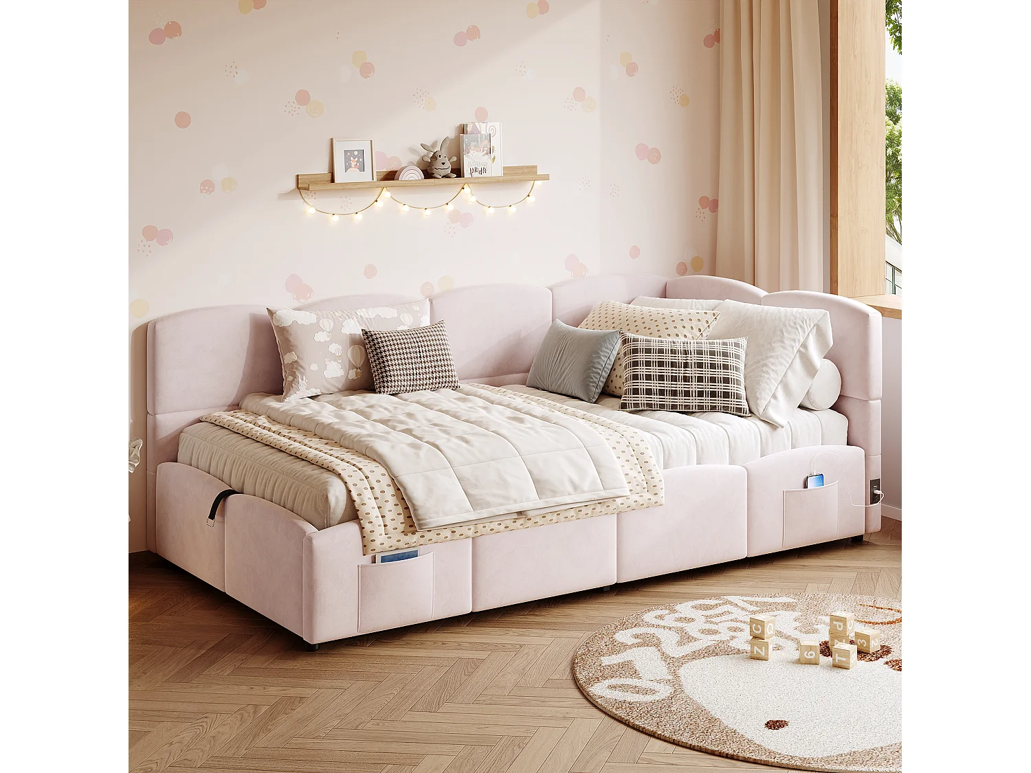 Lit coffre enfant 90x200 cm, tissu en fond, chargeur USB, sac de rangement, velours rose, sans matelas